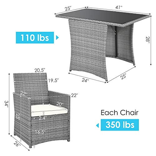 Tangkula 3 Pieces Patio Dining Set, Patiojoy Space-Saving PE Rattan Bistro Set with Tempered Glass Top Table and Cushioned Chairs, Outdoor Conversation Set for Garden, Backyard, Poolside, Porch