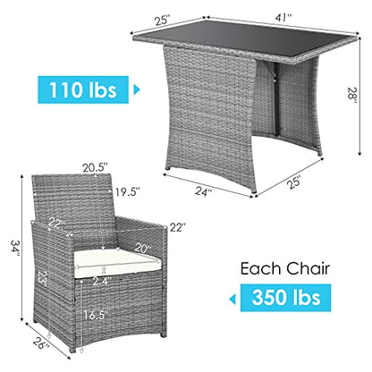 Tangkula 3 Pieces Patio Dining Set, Patiojoy Space-Saving PE Rattan Bistro Set with Tempered Glass Top Table and Cushioned Chairs, Outdoor Conversation Set for Garden, Backyard, Poolside, Porch