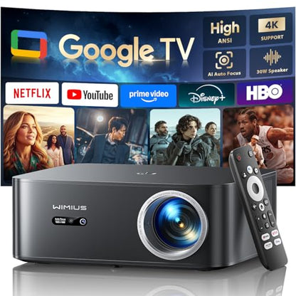 【Bundled with Google TV Stick/4K Supported】Smart Projector with WiFi & Bluetooth, Outdoor & Home TV Movie Projectors with Voice Control, Auto Focus & Keystone, Compatible with Netflix Proyector WiMiUS