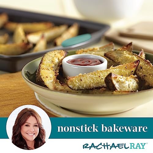 Rachael Ray Bakeware Nonstick Cookie Pan Set, 3-Piece, Gray with Agave Blue Grips