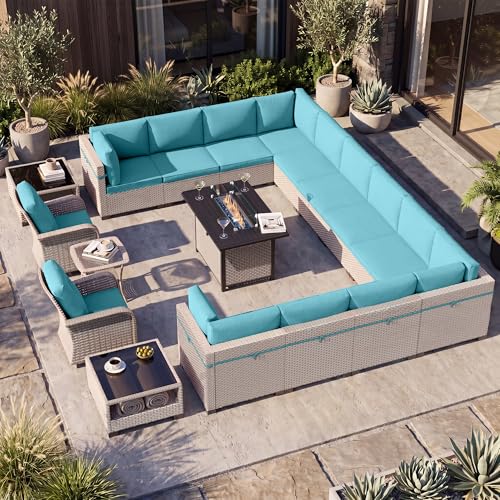 SnugVista Patio Furniture Set, 18-Piece Outdoor Sectional Sofa with Swivel Rocker Chairs & Fire Pit Table, Wicker Patio Conversation Set with Coffee Table, Cyan Cushions