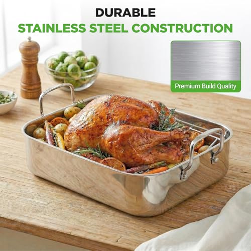 NutriChef Premium Stainless Steel Roasting Pan with Rack – Heavy‑Duty 14″ Turkey Roasting Pan for Turkey, Chicken & Meats (Wide Handles, Dishwasher Safe)