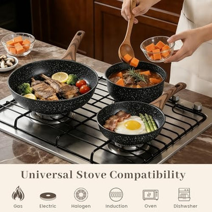 Colourcoco Frying Pans Skillet - 9 Pieces Nonstick Frying Pan Set Includes 3 Sizes (8"/ 10"/ 12"), PFOA Free, Induction & Oven Safe, Easy to Clean for Home Daily Cooking