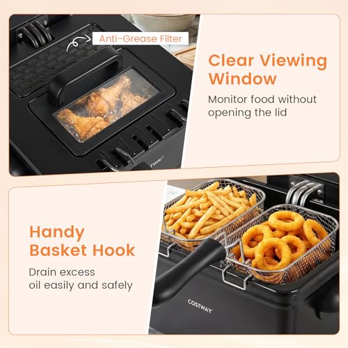 COSTWAY Deep Fryer with Touch Screen, 5.3-Qt/5L Electric Fryers with Basket, 6 Presets, 1700W Stainless Steel Countertop Fryer Pot w/Enamel Oil Tank, Viewing Window, Anti-Grease Filter & Timer, Black