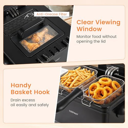 COSTWAY Deep Fryer with Touch Screen, 5.3-Qt/5L Electric Fryers with Basket, 6 Presets, 1700W Stainless Steel Countertop Fryer Pot w/Enamel Oil Tank, Viewing Window, Anti-Grease Filter & Timer, Black