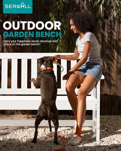 SERWALL Outdoor Bench, HDPE Outdoor Benches Weatherproof, 2-Person Garden Bench with 660 lbs Weight Capacity, Patio Benches for Outdoors, Garden, Porch, Backyard and Park, White