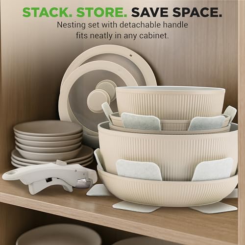 NutriChef 18-Piece Ceramic Cookware Set with Detachable Handles, Space-Saving Nonstick Pots, Pans & Lids, Oven-Safe Bowls, Stackable Storage, Includes Cooking Utensils & Accessories (Cream)