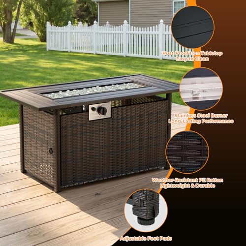 LAFWELL 8-Piece Wicker Patio Conversation Set with 44" Propane Fire Pit Table, Cozy Outdoor Sectional Sofa for Backyard Gatherings, Poolside Lounging & Garden Parties