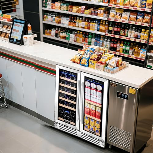 BODEGA 24 Inch Wine and Beverage Refrigerator, Dual Zone Wine and Bar Beverage Cooler, Commercial Black Bar Cooler With 2 Glass Doors, Bar Fridge Hold 19 Bottles and 57 Cans,Built-In or Freestanding.