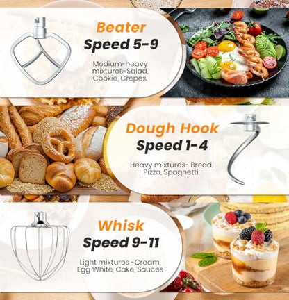 Bonnor Stand Mixer 6QT Kitchen Mixer with LED Smart Touchscreen, 11-Speed Tilt-Head Mixer with Timer, 4 Preset Menus, Stainless Steel Bowl, Dough Hook, Whisk, Beater (Green, 6Qt)