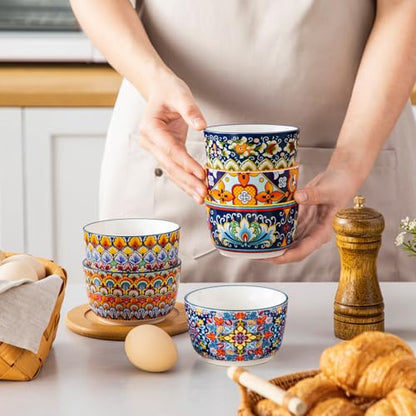 vancasso 8 Oz Ramekins Oven Safe Set of 6, Bohemian Creme Brulee Ramekins, Colorful Souffle Dishes, Pudding Custard Cups for Baking, Small Ceramic Bowls for Snacks, Ice Cream