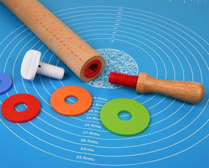 Victhur Rolling Pin with 4 Adjustable Thickness Rings and Long Handle 13.6 Inch Wooden Dough Roller for Baking, Dough, Cookie, Cake, Fondant, Pizza and Pie Crust