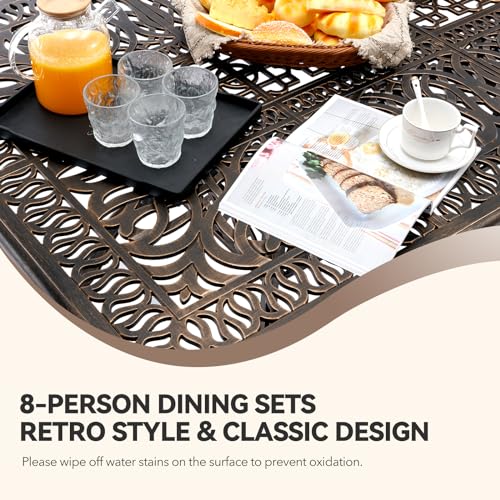 Ailismail 𝟗 𝐏𝐢𝐞𝐜𝐞 Outdoor Dining Set Cast Aluminum Furniture Set, Retro Patio Dining Set for 8 Includes 86.6’’ Table & 6 Swivel Chairs with Cushion and Umbrella Hole for Patio Deck Poolside