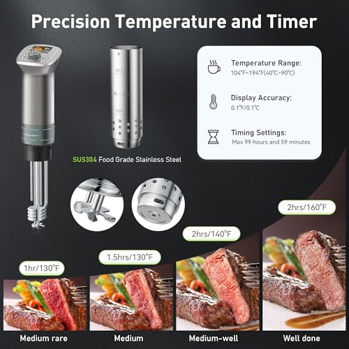 KitchenBoss WiFi Sous Vide Cooker: Ultra-quiet Sous Vide Machine Built-in TFT Color Display Recipes, 1100W Sous Vide Immersion Circulator Accurate Temp Waterproof Magnetic Knob APP Control, Silver