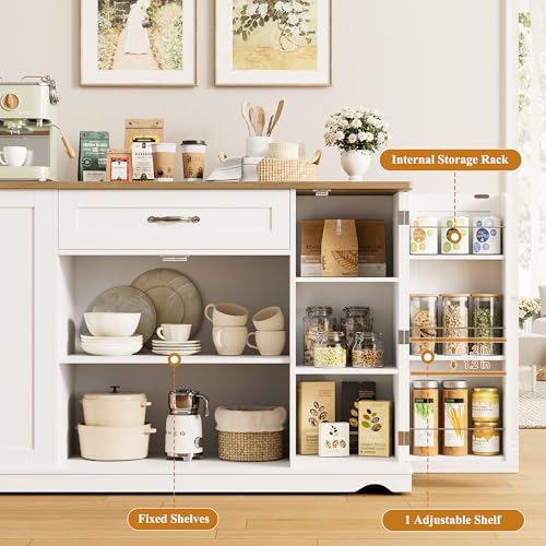 HOSTACK Kitchen Island Cart with Storage, 47'' Kitchen Storage Island on Wheels with 2 Drawers, Rolling Island Table with Adjustable Shelves, Mobile Buffet Sideboard Cabinet for Dining Room, White