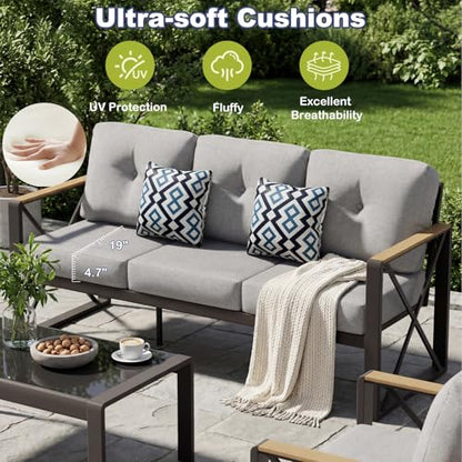 Mvpipi Aluminum Patio Furniture Set, 5 Piece Outdoor Metal Furniture Set w/Rocking Swivel Chairs, 7 Seats Balcony Conversation Sets with Coffee Table, Thick Cushions for Backyard, Poolside, Gray