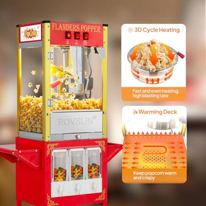 ROVSUN Popcorn Machine Movie Theater Style with Cart & Wheels, 8 Ounce Kettle Makes Up to 32 Cups Popcorn Maker w/Candy Dispensers Scoop Oil Spoon & 3 Popcorn Cups for Commercial Home, ETL Certified