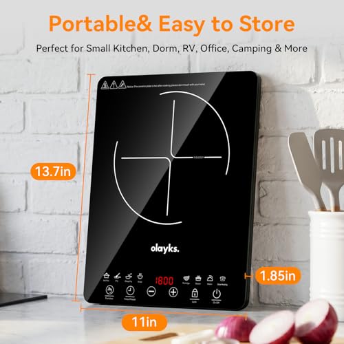 olayks Protable Induction Cooktop, 1800w Hot Plate Electric Stove with Child Safety Lock, Timer, 8 Power Levels, Single Burner Electric Cooktop with Large Heating Coil, Fast Heating