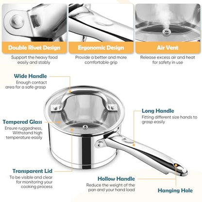 P&P CHEF 1 Quart Saucepan with Lid Set, Stainless Steel Small Cooking Pot Induction Sauce Pan for Pasta Soup, Ergonomic Handle & Tri-ply Base, Dishwasher Safe, 1 Pan