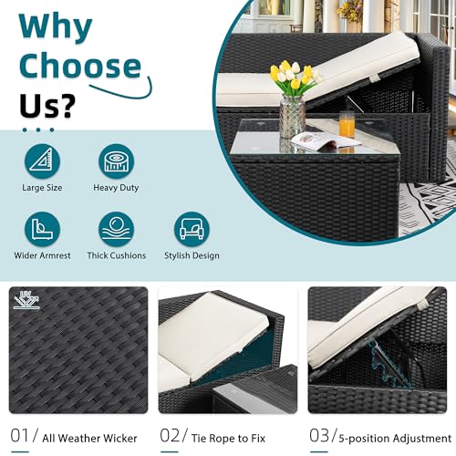 SUNLEI Patio Furniture Set with Detachable Soft Cushions, Outdoor PE Rattan Patio Conversation Sofa Set, 3-Piece Patio Sectional Sofa with Glass Coffee Table (Black Rattan&White)