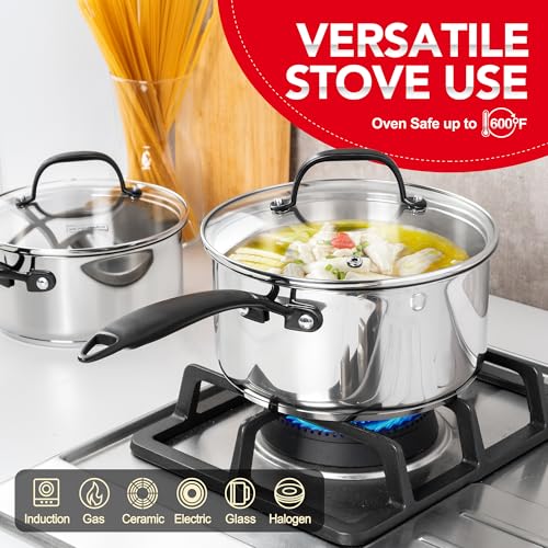 MICHELANGELO Tri-Ply Stainless Steel Saucepan with Lid 6 Pcs, Stainless Steel Sauce Pans with Cool Handle, 6 Pcs Multipurpose Sauce Pots Set for Kitchen Cooking, Induction Compatible, 1QT & 2QT &3QT
