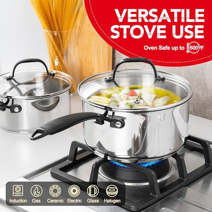 MICHELANGELO Tri-Ply Stainless Steel Saucepan with Lid 6 Pcs, Stainless Steel Sauce Pans with Cool Handle, 6 Pcs Multipurpose Sauce Pots Set for Kitchen Cooking, Induction Compatible, 1QT & 2QT &3QT