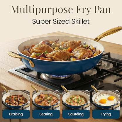 Gotham Steel 14 Inch Non Stick Frying Pans, Family Sized Non Stick Skillet, Large Frying Pan Nonstick Frying Pan, Induction Pan, Nonstick Pan for Cooking, Oven Safe Skillet, Dishwasher Safe–Cream Navy