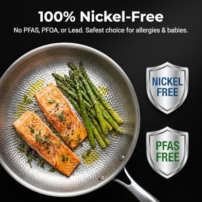 Pexucalm Titanium Frying Pan with Lid, 9" Uncoated Hammered Skillet for Cooking, PFAS/PFOA/PTFE Free Nonstick Cookware, Scratch Resistant, for Induction & Gas, Oven, Dishwasher Safe