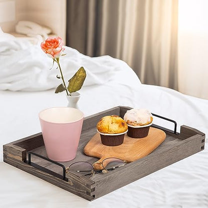 VERGOODR Country Rustic Torched Wood Nesting Breakfast Serving Trays with Handles, Set of 3 (Dark Grey)