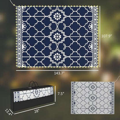 Outsunny Reversible Outdoor Rug Carpet with LED Lights, 12' x 9' PP Straw Rug, Portable RV Camping Mat with Carry Bag and Ground Stakes for Backyard, Deck, Picnic, Beach, Dark Blue and White