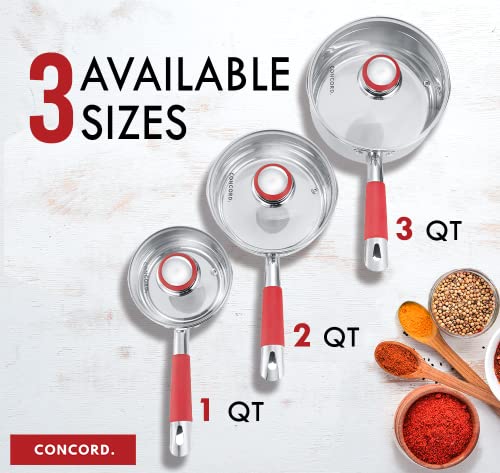 Concord 2 Quart Stainless Steel Saucepan with SIMPLE POUR Vented Glass Lid. Features Dual Pouring Spouts and Volume Marking. Perfect for making Sauces, Jam, Ramen, and more