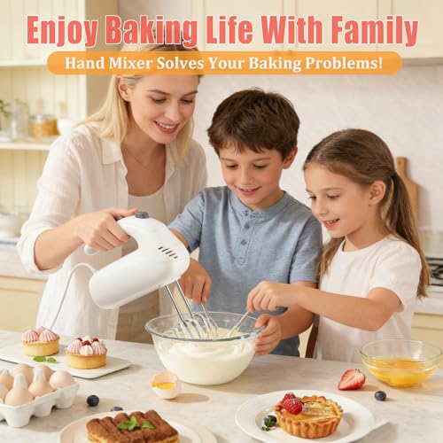 Katroiy 300W Hand Mixer Electric Handheld, 5 Speed Lightweight Kitchen Blender, Turbo Boost/Self-Control Speed Hand Held Beater Mixer with 4 Stainless Steel Whisks for Baking Cakes Eggs Cream, White