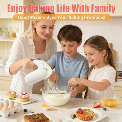 Katroiy 300W Hand Mixer Electric Handheld, 5 Speed Lightweight Kitchen Blender, Turbo Boost/Self-Control Speed Hand Held Beater Mixer with 4 Stainless Steel Whisks for Baking Cakes Eggs Cream, White