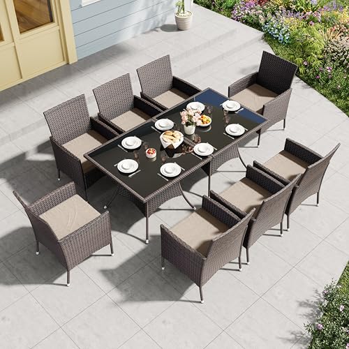RTDTD 10 Pieces Outdoor Patio Dining Set,Patio Table and Chairs Rattan Outdoor Patio Furniture Set with Umbrella Hole,Dining Table Set for 8 with Chairs for Backyard,Garden and Kitchen,Brown
