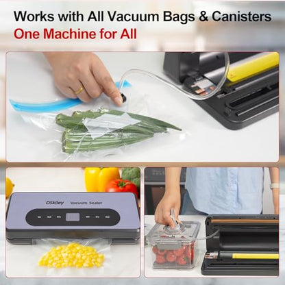 DSkiley Vacuum Sealer Machine for Food Preservation, 80kPa Powerful Suction, Built‑in Cutter & Starter Kit, Dry & Moist Modes, Digital Countdown, Compact Design, Keep Food Fresh 6X Longer