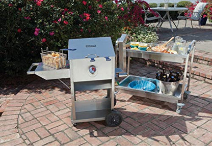 Bayou Classic 700-709 9-gal Stainless Bayou Fryer Features Stainless Cart w/Side Shelf Three Mesh Baskets Fry Thermometer 10-psi Regulator w/ 48-in Stainless Braided Hose