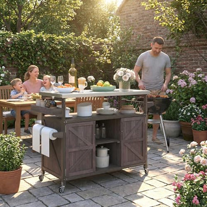 Waully 50.25" Outdoor Kitchen Island with Wheels for Food Prep, Strage, Bar, Rolling Outdoor Grill Table for Outside, Outside Cooking Table, Grill Carts, Cooking Station, Modular, Solid Wood, Brown