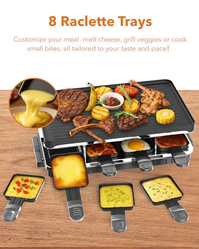HBN Electric Raclette Table Grill with 8 Warming Trays, 2-in-1 Korean BBQ Grill & Electric Griddle Nonstick, Adjustable Temperature Control,1300W, Great for Indoor Family Gatherings, Parties & Dining