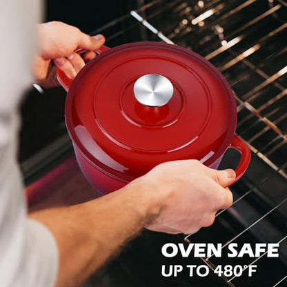 3QT Dutch Oven Pot with Lid, Leonyo 3 Quart Enameled Cast Iron Dutch Oven for Sourdough Bread Baking, Heavy Duty Cookware for Braising, Stews, Roasting, Red