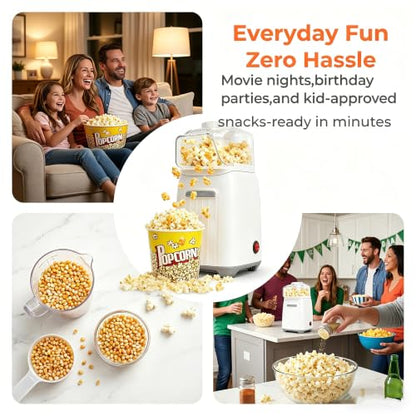 Hot Air Popcorn Maker, 1200W No Oil No Preheat Air Popcorn Popper, 2 Minutes Fast Heating Electric Popcorn Machine with Precision Measuring Cup, Easy to Clean Compact for Home Movie Night Party Office