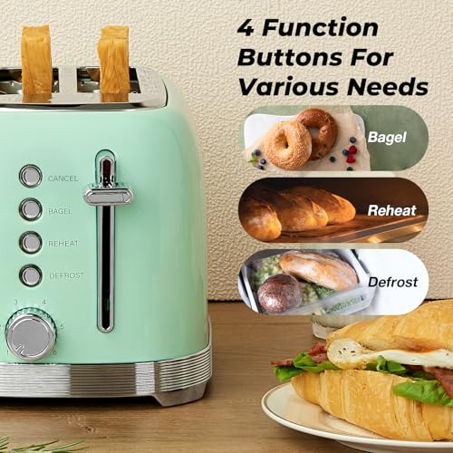 Culinaid Toaster 2 Slice Retro Stainless Steel with 1.5” Extra Wide Slots Bagel, Defrost, Reheat, Cancel Functions, 6 Bread Shade Settings, Removable Crumb Tray, Aqua Green