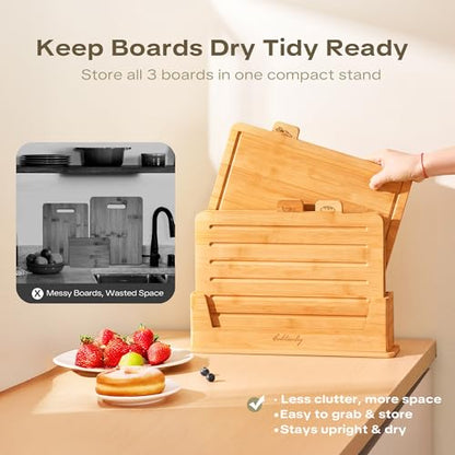 Coktaseleg Bamboo Cutting Boards for Kitchen Set of 3, Large 14’’ x 10’’ with Holder, Wooden Cutting Board with Juice Groove & Labels for Meat Vegetables Bread