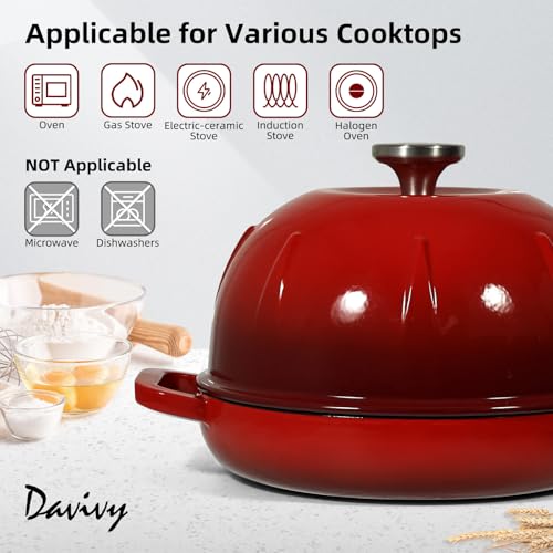 Davivy Sourdough Dutch Oven, 5QT Round Cast Iron Bread Oven, Bread Cloche Dutch Oven Bread Pan with Silicone Mini Pot Holders - Cherry Red