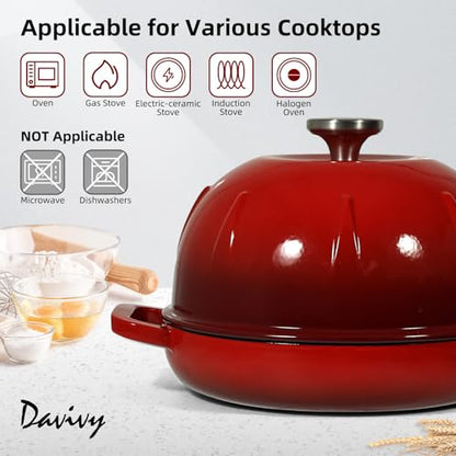 Davivy Sourdough Dutch Oven, 5QT Round Cast Iron Bread Oven, Bread Cloche Dutch Oven Bread Pan with Silicone Mini Pot Holders - Cherry Red