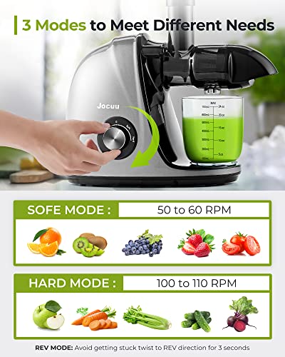 Juicer, Jocuu Slow Masticating Juicer Machines Easy to Clean, Soft/Hard Two Speed Quiet Motor Reverse Function Anti-Clogging, Cold Press Juice Extractor with Brush & Recipes