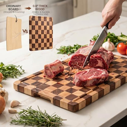 THETCHRY Cutting Boards for Kitchen, Checkered Cutting Board Upgraded, Acacia Wood Chopping Board with Juice Grooves & Handles, Large Butcher Block Serving Tray with Gift Box, 17"X12"X0.8"