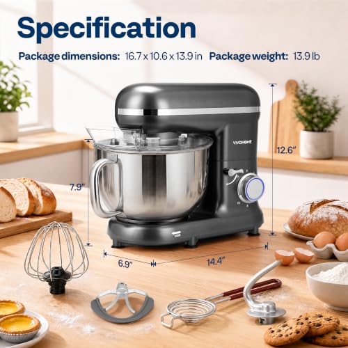 VIVOHOME Stand Mixer, 6-Quart Tilt-Head Kitchen Mixer with Bowl, Gray