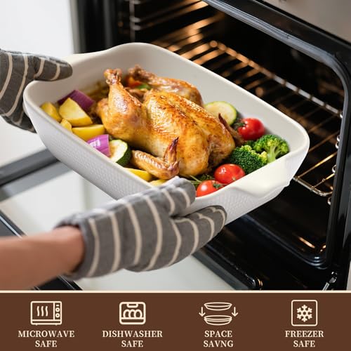 Fakafa Ceramic Casserole Dishes Set of 3, Stoneware Baking Pans for Oven, Rectangular Lasagna Dish & Bakeware Set, Pink (14.7’’/12.4’’/10.3’’)