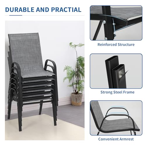 PIZZELLO 7 Pieces Patio Furniture Set w/ 60" Gas Fire Pit Table and 6 Patio Dining Chairs, Outdoor Conversation Set 50,000 BTU Aluminum Propane Fire Pit Stackable Patio Chairs Set of 6 for Backyard