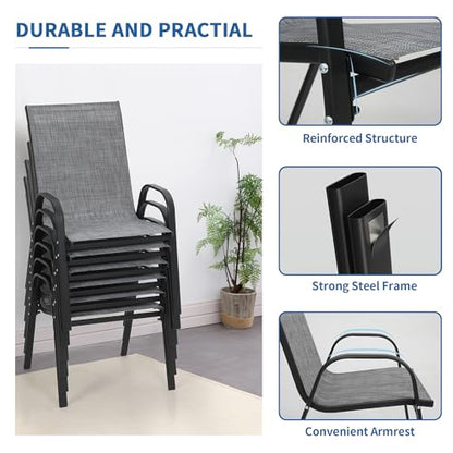 PIZZELLO 7 Pieces Patio Furniture Set w/ 60" Gas Fire Pit Table and 6 Patio Dining Chairs, Outdoor Conversation Set 50,000 BTU Aluminum Propane Fire Pit Stackable Patio Chairs Set of 6 for Backyard